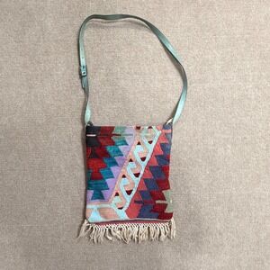 TOB Woven Kilim Tapestry Crossbody Bag Geometric Fringe Boho Multi-Color Large